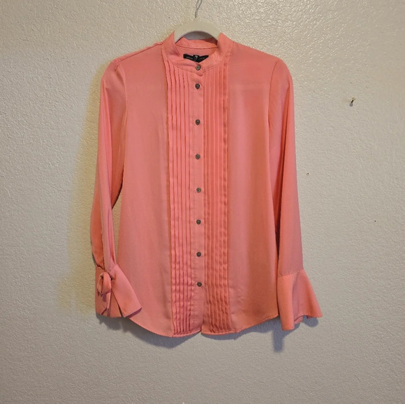 Banana Republic Dillon Bow Pink Pleated Front Button Shirt Fluted Sleeve Cuff XS - Picture 3 of 8